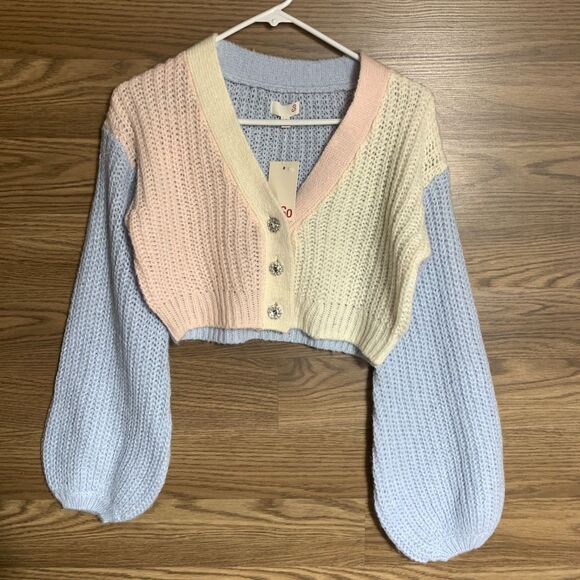SO Pastel Color Block Cropped Cardigan Size XS Rhinestone Clueless 90s Y2K - Picture 1 of 10